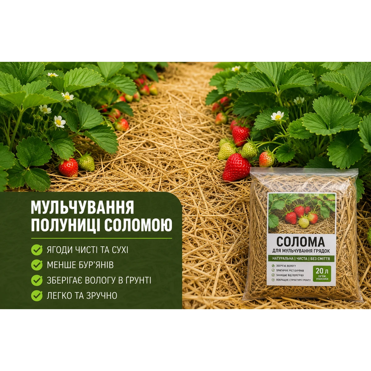 Клубника после мульчирования соломой