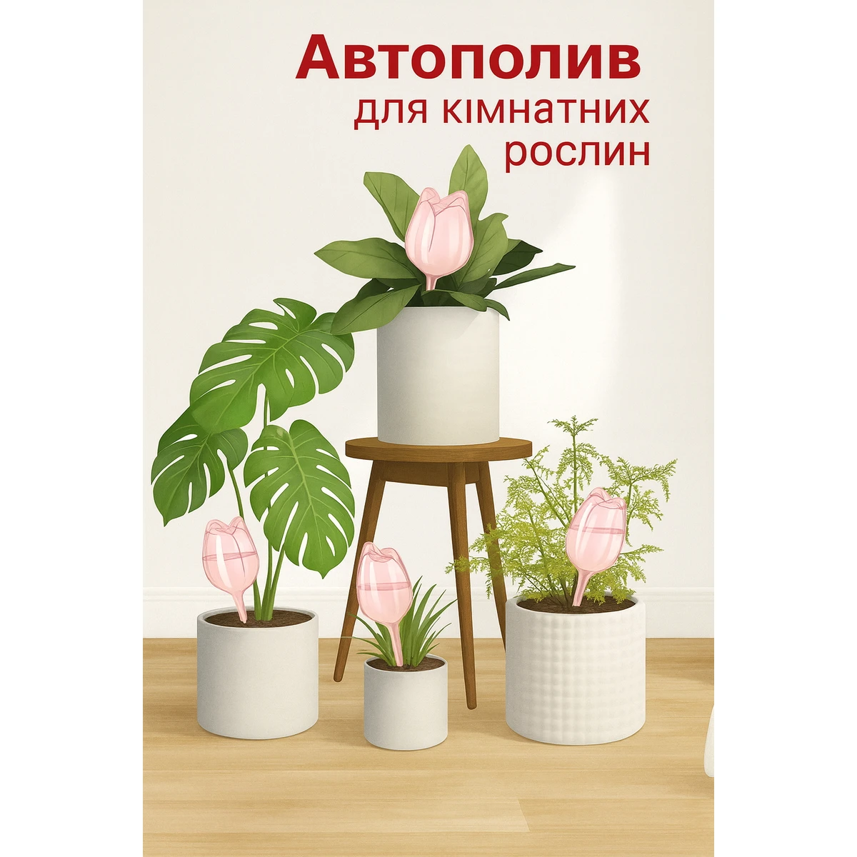 Автополив Тюльпан для кімнатних рослин у горщиках — демонстрація використання в інтер’єрі