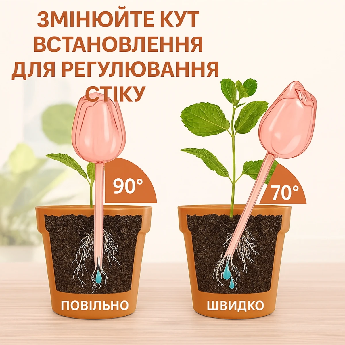 Порівняння роботи автополиву Тюльпан: повільний полив при 90° і швидкий при 70°