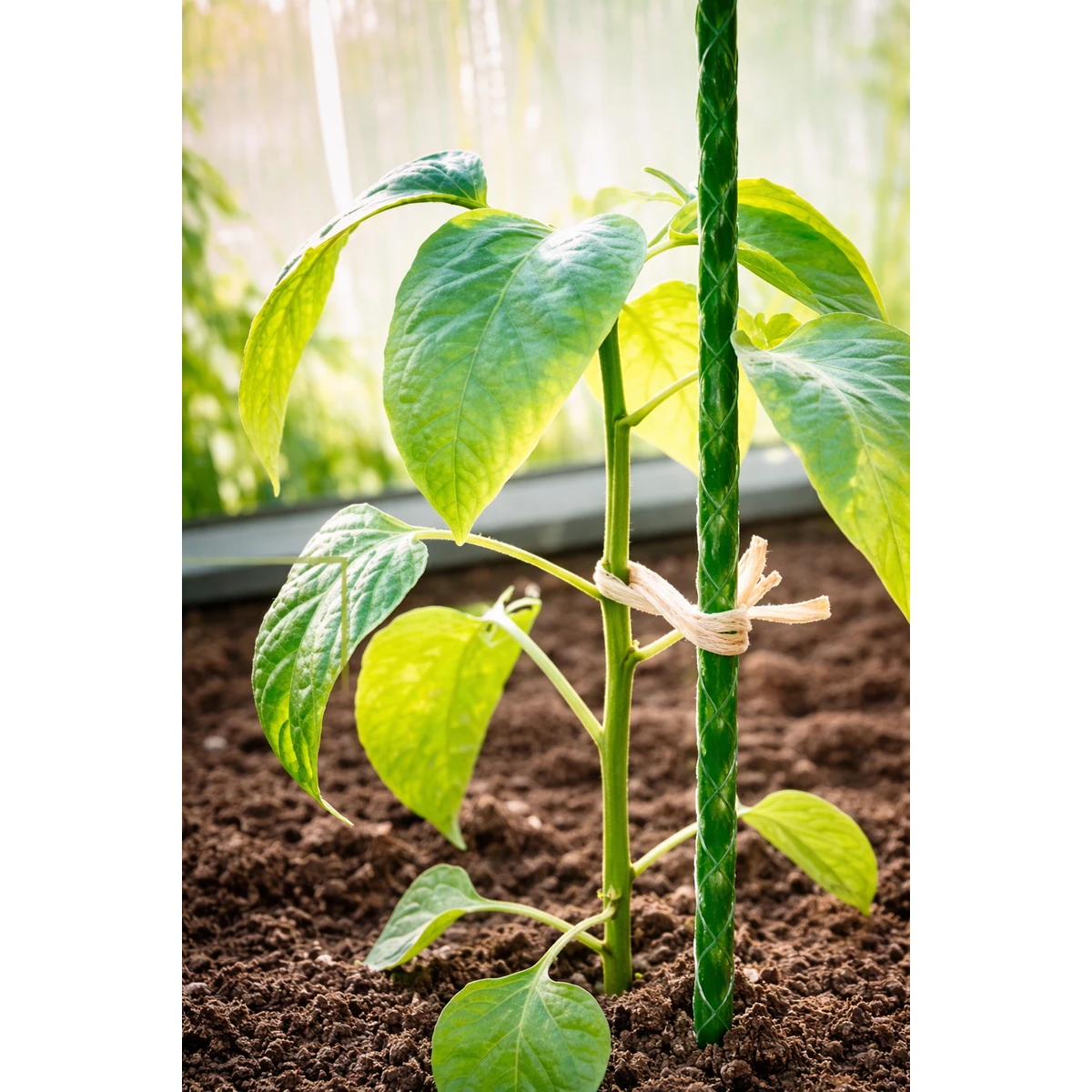 Садова композитна опора з підв’язаною рослиною в теплиці